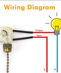 Wiring diagram for Two-Wire Pull Chain Ceiling Fan Light Switch ZE-109 showing input and output connections to a light bulb.