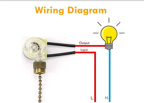 Wiring diagram for Two-Wire Pull Chain Ceiling Fan Light Switch ZE-109 showing input and output connections to a light bulb.