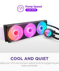 Solid 360 Mm Aio Cpu Cooler Offering Punchy Rgb Vibes For Competitive Gamers Demanding Beastly Chip Temperatures And Straightforward Setup Without Any Messy Wire Clutter, featuring three RGB fans.