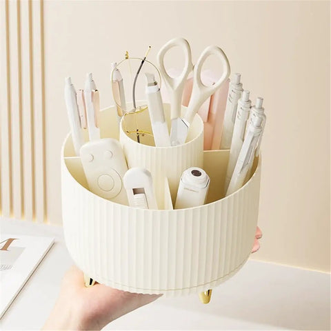 Rotating Desk Organizer With Six Compartments For Pens, Markers, Art Supplies And Makeup Tools, 360 Degree Spin Office Storage That Keeps Desk Clutter Under Control, Great For Home Office, Dorm, Nightstand Or Dresser, white plastic