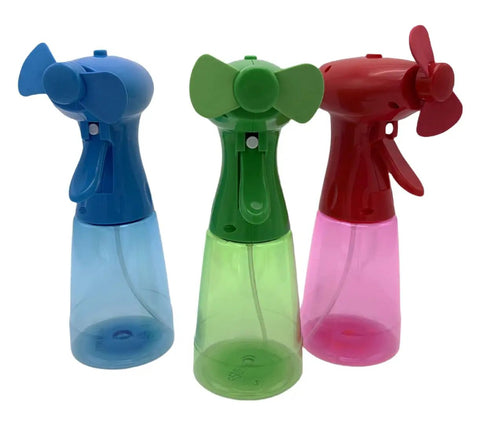 Two Pack Portable Battery Powered Misting Fans Handheld Evaporative Coolers With Safe Soft Blades And Cool Water Spray Compact view of three colorful misting fans.