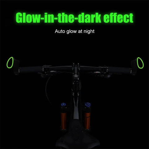 Ergonomic Bike Handlebar Grips Set With Multi Angle Adjustable Bar Ends For Comfortable Hand Position And Reduced Strain Night Glow Fluorescent Effect For Easy Night Rides Fits 21.8 to 22.2mm Bars displaying glow-in-the-dark effect.