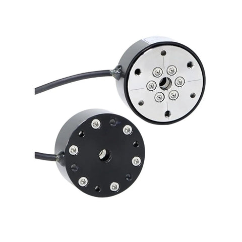 Front and side view of Six Axis Load Cell for Robotics and Biomechanics High Precision Multi Axis Force and Torque Sensor with RS485 Modbus Interface.