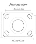 Floor size chart diagram showing dimensions for Four Pack Heavy Duty Cast Iron Swivel Casters With Brakes For Tables And Workbenches Built Tough With Slick Glide Action Perfect For Garage Cart And Shop Setup 5.25 Inch Wheels.