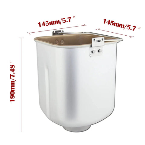 Square Bread Machine Pan With Smooth Nonstick Interior, 2lb aluminum bucket viewed from the side with measurements.