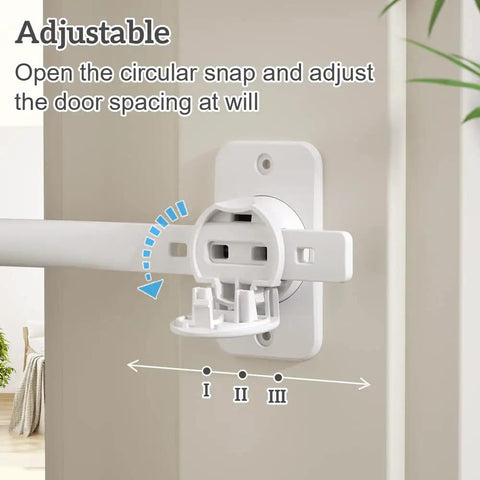 Adjustable Rock Solid Adjustable Door Finger Pinch Guard showing circular snap for door spacing, white plastic, easy install.