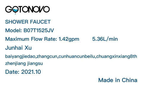 Label showing shower faucet model with flow rate, manufacturer details, and year 2021. Made in China.