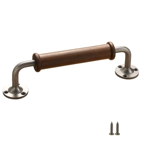 Two Pack Walnut Wood Door Pull Handles With Antique Nickel Backplates for barn door, showing handle with screws