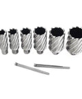 6pc annular cutter set with Weldon shanks, HSS Slugger bits, diameters 1 to 2 in, 2 in depth, includes two pilot pins