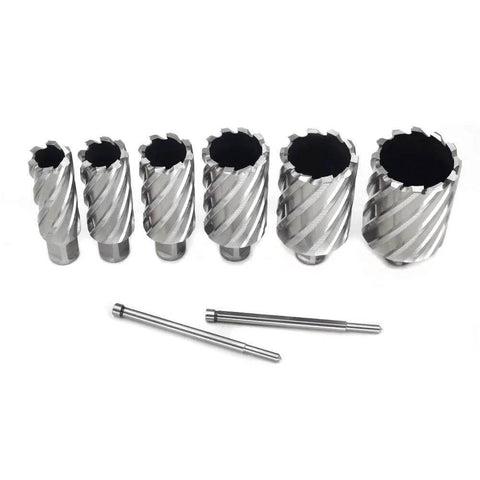 6pc annular cutter set with Weldon shanks, HSS Slugger bits, diameters 1 to 2 in, 2 in depth, includes two pilot pins