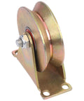 4 Inch V Shaped Pulley Wheel Heavy Duty Steel Cable Traction Block with ball bearing guide shown in golden finish.