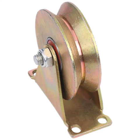 4 Inch V Shaped Pulley Wheel Heavy Duty Steel Cable Traction Block with ball bearing guide shown in golden finish.