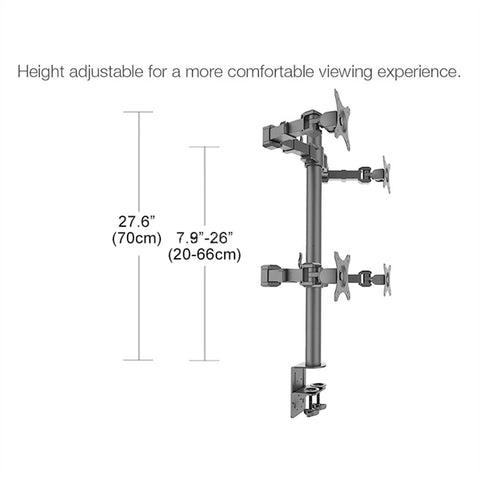 Height adjustable Heavy Duty Workhorse Quad Monitor Stand For Four Screens Up To 30 Inch Vesa Desk Mount with dimensions.