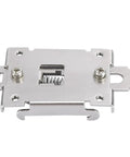 Four Pack 35MM DIN Rail Mounting Clip For Solid State Relay Mounting Rack In Stainless Steel With Screws Chinese Standard Easy Install Ideal SSR Mounting Kit For Single Phase Projects And Industrial Panels, showing a single stainless steel clip with visible mounting screws.