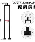 Three Pack 36 Inch Square U Shape Matte Black Metal Stair Balusters With Adjustable Top Bracket For Interior Wood Handrail, dimensions shown.