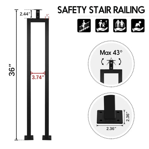 Three Pack 36 Inch Square U Shape Matte Black Metal Stair Balusters With Adjustable Top Bracket For Interior Wood Handrail, dimensions shown.