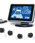 Reverse Parking Radar System With Four Rear Sensors, LCD Display and 22mm Double-Angle Sensors shown with display and sensors.