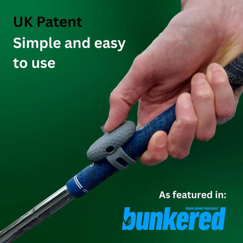 Hands Free Golf Swing Recorder That Instantly Captures Every Swing From Your Grip, attached to a golf club handle, UK Patent