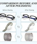 Before and after polishing comparison with glasses, a watch strap, and a decorative bracelet.