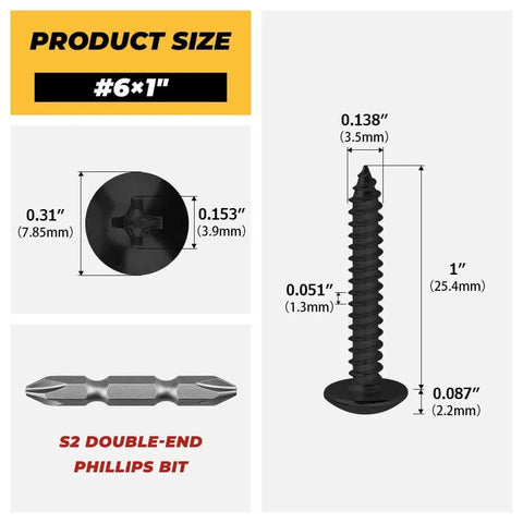 100 Pack Size Six Black Truss Head Self Tapping Screws For Wood Sheet Metal And Plastic Stainless Steel 304 Rust Resistant With Black E Coating Phillips Bit Included One Inch Length Ideal For Indoor And Outdoor Projects