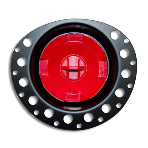 Heavy Duty Floor Mount Bathtub Drain Flange In Pure White Finish With Seamless Hook Ups And A Straight Up No Hassle Install For Standard Tub Models, black and red design.