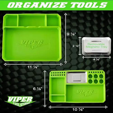 Viper 2 Piece Flexible Silicone Tool Organizer Tray Set Lime Green with Magnetic Small Parts Tray and Large Workspace Tray dimensions