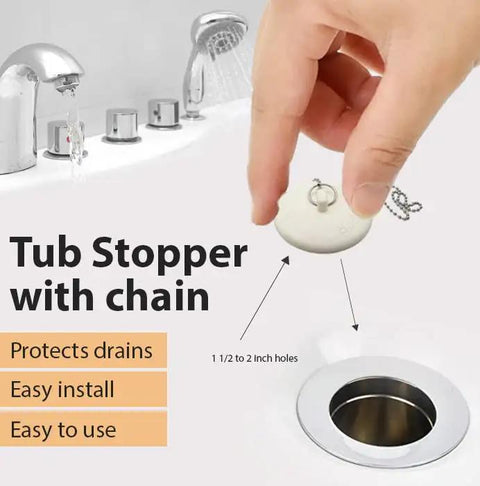 Top Shelf Rubber Tub Stopper With Pull Chain For Bathroom Sink And Shower Drain Cover Fits One Half To Two Inch, being placed in drain.