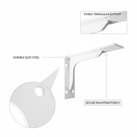Beefy Q235 Steel Triangular Bracket For Floating Desks And Wall Shelves Black Or White 1 Unit, showing durable steel and mounting holes