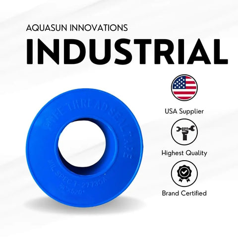 Blue PTFE thread seal tape with USA supplier and quality certifications, Three Quarter Inch PTFE Teflon Tape Pro Grade 520 Inches Long For Plumbers And Pipe Fittings, Leak Proof Thread Seal Tape For Air And Water Lines, Nonstick And Easy To Apply For DIY Projects.