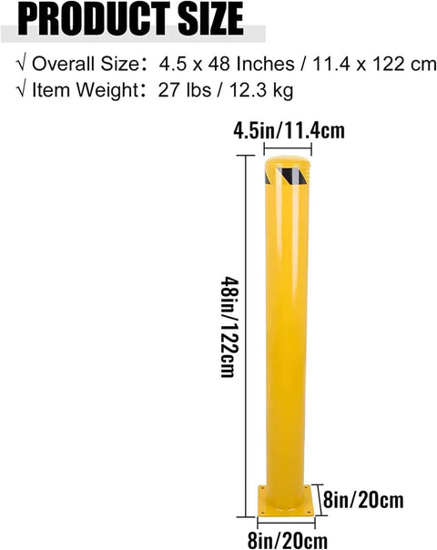 Rock Solid Steel Safety Bollard Heavy Duty Four Pack 48 Inch Tall Bright Yellow Traffic Posts dimensions and details