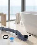 CONGARTENO Flexible Bathtub Drain Pipe Freestanding Tub Drain Kit Black with plumbing tape and accessories on the floor.