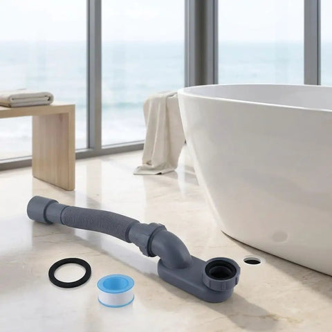 CONGARTENO Flexible Bathtub Drain Pipe Freestanding Tub Drain Kit Black with plumbing tape and accessories on the floor.