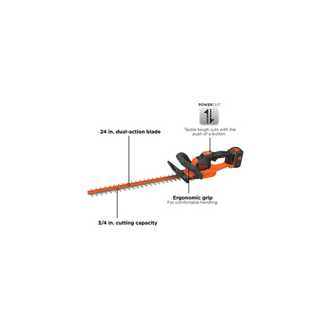 40V MAX Cordless Hedge Trimmer With 24 Inch Dual Action Blade, No Cords Needed, ergonomic grip, powercut feature, cuts branches