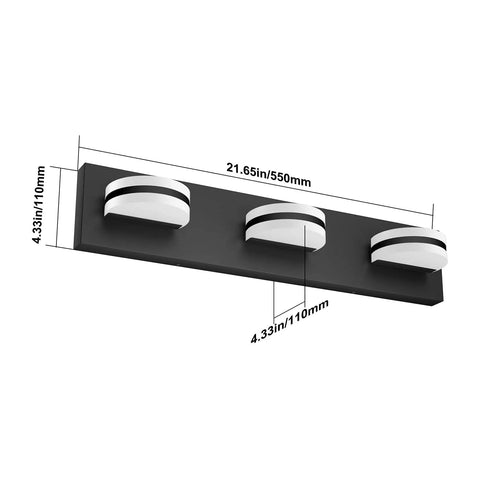LED Modern Black Vanity Light With Acrylic Finish Over Mirror Three Light Bathroom Wall Fixture dimensions shown