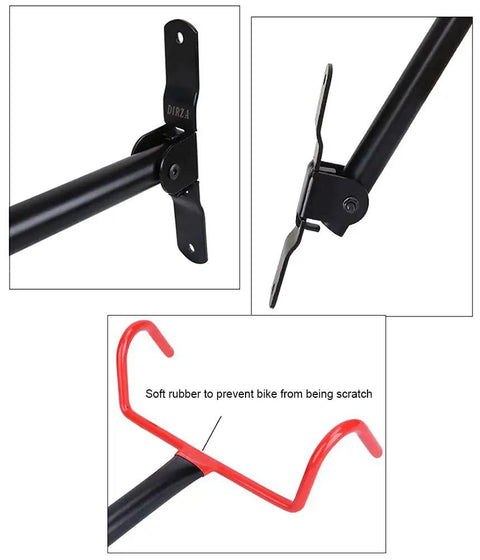 Two Pack Foldable Bike Wall Mount Hanger For Garage And Home Storage, black and red bike rack with foldable arm and rubber coating