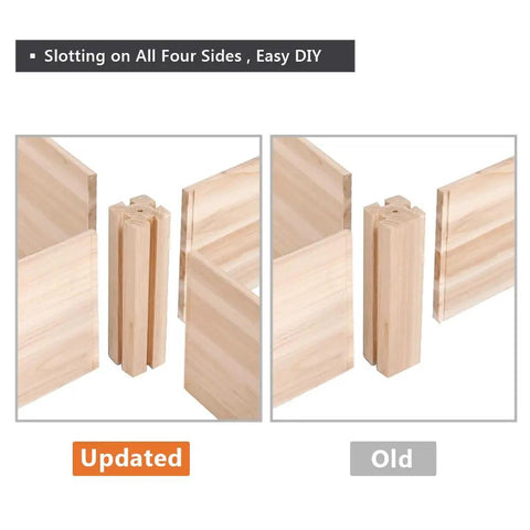 Dual Section Divisible Wooden Raised Garden Bed 8 By 2 Feet Elevated Planter Box parts comparison, updated vs old design.