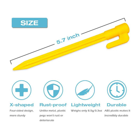 Yellow 5.7 inch stake from 60 Pack Plastic Tent Stakes Five Point Seven Inch For Anchoring Garden Netting Camping Tents Rain Tarps And Landscape Fabric Backyard Ready Lawn Edging Yellow Durable Lightweight Reusable And Rust Free set shown with detailed features.
