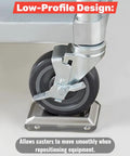 Rock Solid Stainless Steel Caster Positioning Kit For Commercial Kitchen Equipment Low Profile Floor Mount Wheel Rest showcases a wheel in a metal mount.