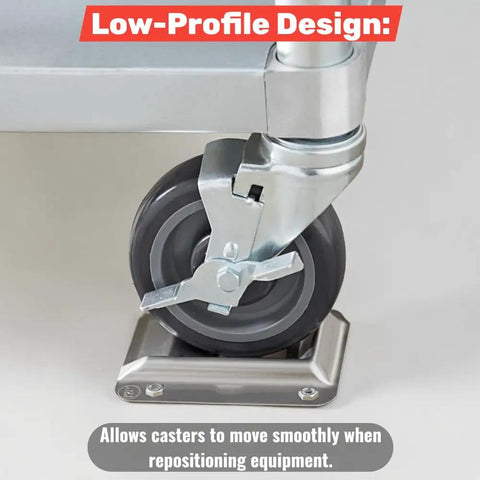Rock Solid Stainless Steel Caster Positioning Kit For Commercial Kitchen Equipment Low Profile Floor Mount Wheel Rest showcases a wheel in a metal mount.