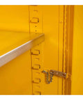 Interior detail of Sixty Five Inch High Flammable Safety Cabinet With Self Closing Double Doors Plus Two Built Racks To Stash Hazardous Liquids Safely And Heavy Shop Grade Steel Build In Bright Alert Yellow.