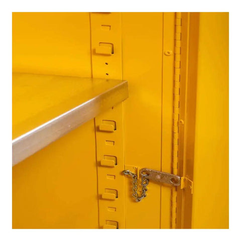 Interior detail of Sixty Five Inch High Flammable Safety Cabinet With Self Closing Double Doors Plus Two Built Racks To Stash Hazardous Liquids Safely And Heavy Shop Grade Steel Build In Bright Alert Yellow.