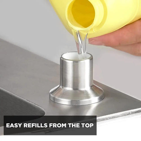 Stainless Steel Built In Kitchen Soap Dispenser With Brushed Nickel Finish Top Refill Design Large Thirteen Point Five Ounce Bottle