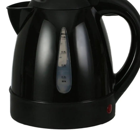 RigReady 24V 250W Portable Electric Kettle For Trucks And Rv Quick Heat Water Heater shiny black kettle with a measurement scale.