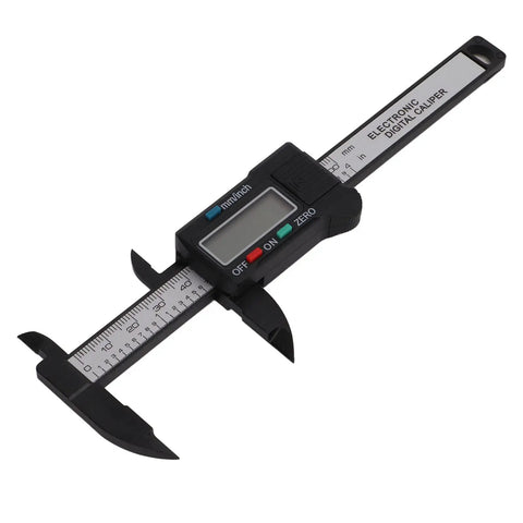 YUEHISY Digital Caliper Mini LED 0 100mm Plastic Lightweight Portable measuring tool with LED display and buttons, side view.