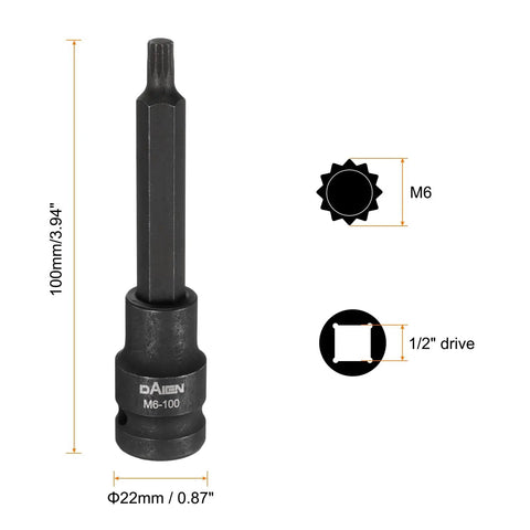 Two Piece M6 Triple Square Bit Socket Set 100mm Length 3.94 Inches One Half Inch Drive Extension For Impact Power Nut Driver Bits S2 Steel Black Finish