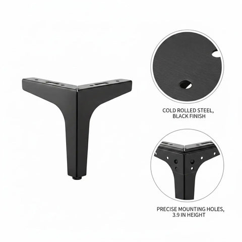 Black Cold Rolled Steel Replacement Furniture Leg For Sofa, Cabinet, Or Table, 3.9 Inch Height, Tough As Nails Support, One Piece