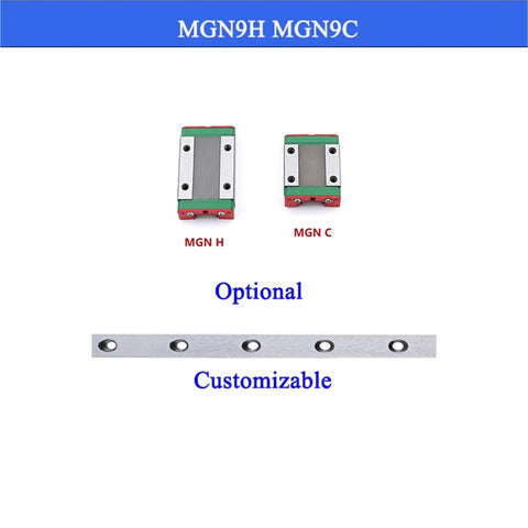 Top Notch 9mm MGN9 Linear Guide Rail With Matching Slider Block For Smooth Precision Motion Control In Diy CNC Router Projects And Heavy Duty Machinery Build Kits At 330mm Length, showing MGNH and MGNC blocks.