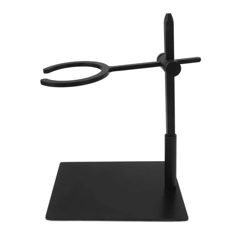 Heavy Duty Aluminum Pour Over Coffee Stand Adjustable Height And Angle Portable Dripper Holder, black metal design on flat base.