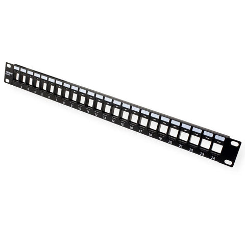24-Port Blank Keystone 1U Patch Panel For Cat6 Jacks, 19-Inch Rackmount, Steel Black, NDAA Compliant visible at an angle