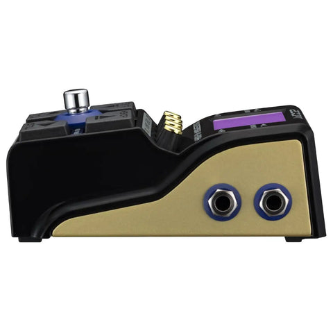 Side view of MS 80IR Plus MultiStomp Amp And Cabinet Modeler Pedal with 23 amp models, showing input and output jacks.